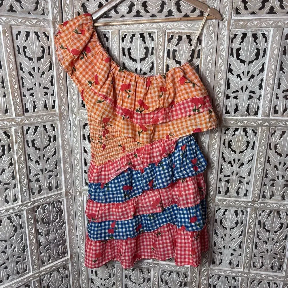 Farm Rio for Anthropologie Cherry Gingham Ruffle Mini Dress Medium Picnic Style